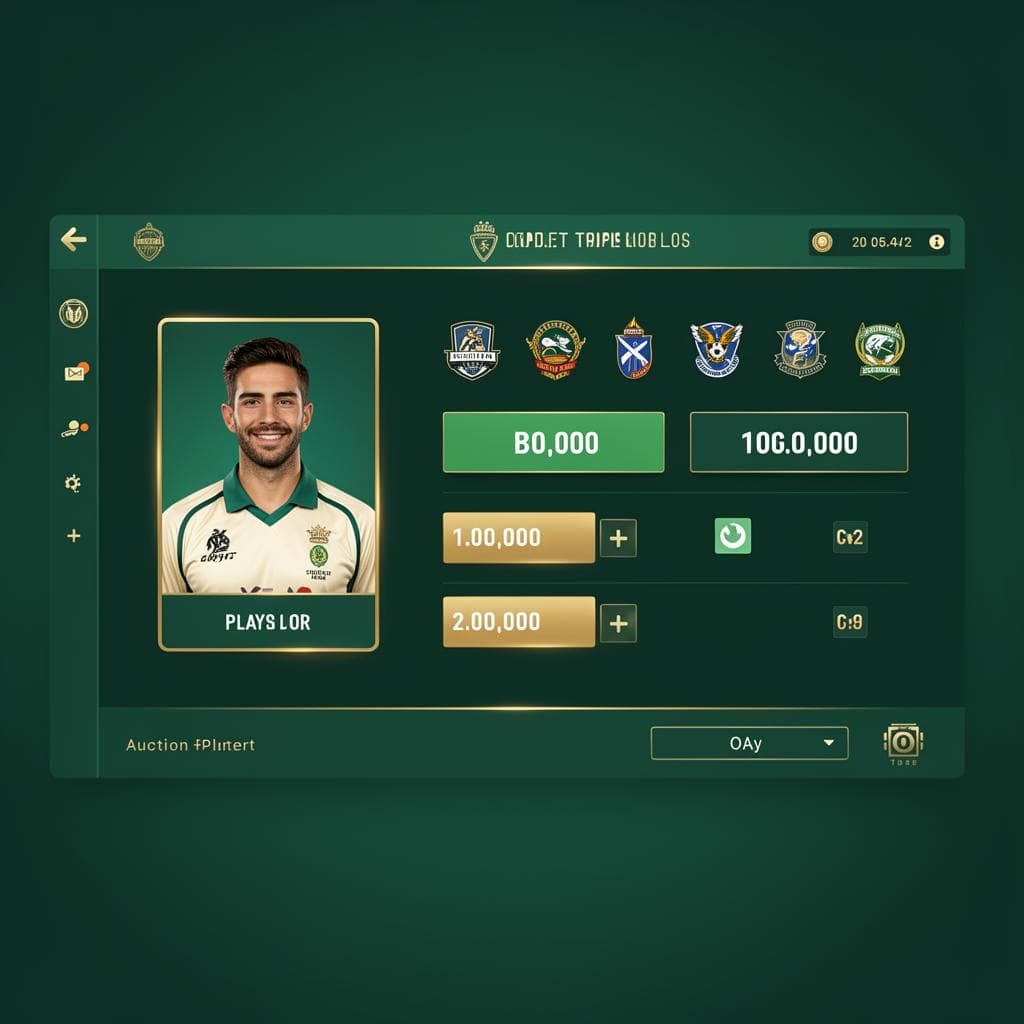 Player bidding screen of cricket auction software displaying player profile card, current bid amount, team logos, and bidding controls